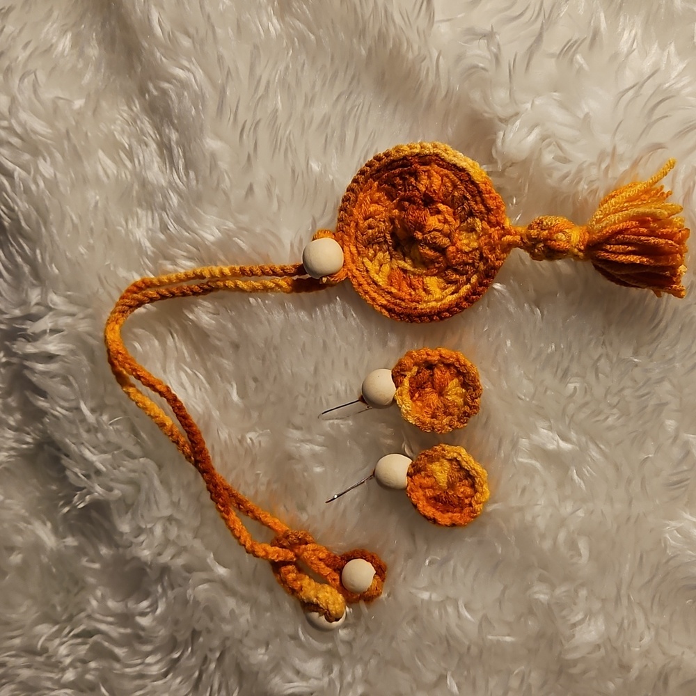 Handmade Orange Crochet Necklace and Earring Set Hand Knit Fall Jewelry beaded - Picture 11 of 17